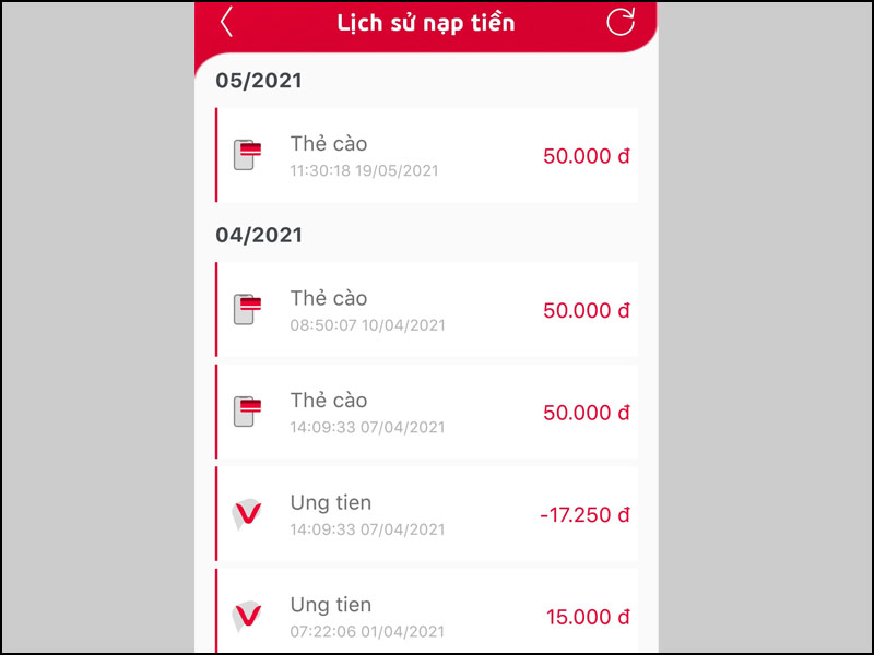 Xem Lịch sử nạp tiền 
